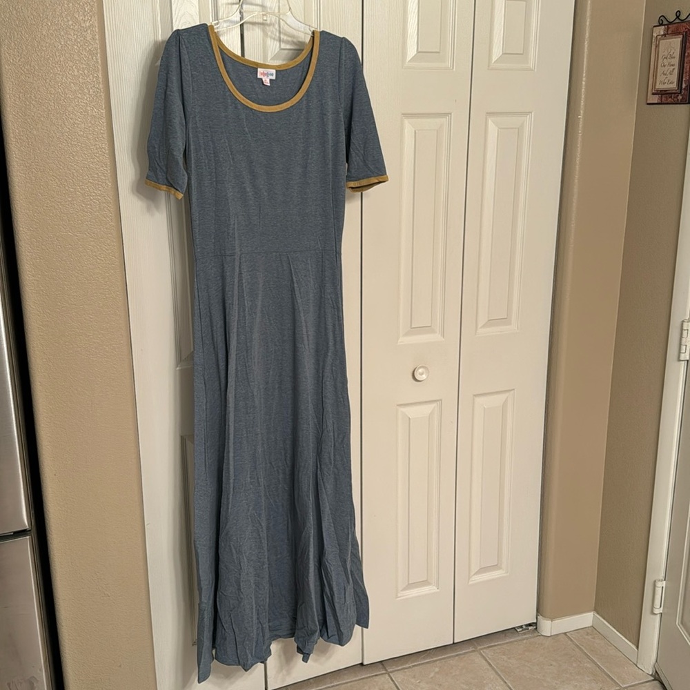 Lularoe Ana dress gray with gold neck and arm trim NWT